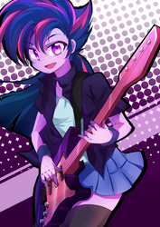 Size: 800x1131 | Tagged: safe, artist:caibaoreturn, twilight sparkle, castle sweet castle, equestria girls, g4, my little pony equestria girls: rainbow rocks, season 5, alternate hairstyle, bass guitar, clothes, female, looking at you, musical instrument, open mouth, pixiv, punklight sparkle, skirt, solo, wristband, zettai ryouiki