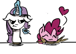 Size: 1280x902 | Tagged: safe, artist:just-as-requested, pinkie pie, rarity, g4, eating, food, messy eating