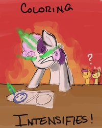 Size: 559x700 | Tagged: safe, artist:just-as-requested, apple bloom, scootaloo, sweetie belle, g4, cutie mark crusaders, drawing, glowing eyes, magic, meme, sweetie belle's magic brings a great big smile, x intensifies