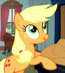 Size: 420x469 | Tagged: safe, screencap, applejack, earth pony, pony, appleoosa's most wanted, g4, cowboy hat, cute, derp, hat, hatless, missing accessory, silly, silly pony, stetson, tongue out, who's a silly pony