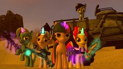 Size: 1191x670 | Tagged: safe, artist:the-lunar-brony, starlight glimmer, sunset shimmer, trixie, twilight sparkle, oc, pony, robot, robot pony, g4, 3d, borderlands, counterparts, gun, magic, magical quartet, twilight's counterparts