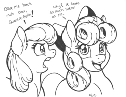 Size: 1650x1275 | Tagged: safe, artist:latecustomer, apple bloom, sweetie belle, g4, accessory theft, monochrome, sketch