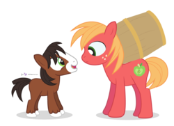 Size: 900x650 | Tagged: safe, artist:dm29, big macintosh, trouble shoes, earth pony, pony, appleoosa's most wanted, g4, barrel, colt, colt big macintosh, cute, duo, eye contact, frown, little trouble shoes, male, missing accessory, open mouth, simple background, smiling, stallion, transparent background, troublebetes, younger