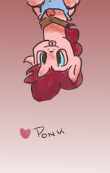 Size: 1219x1920 | Tagged: safe, artist:just-as-requested, pinkie pie, earth pony, pony, g4, clothes, collar, female, heart, in which pinkie pie forgets how to gravity, mare, pinkie being pinkie, pinkie physics, ponk, shirt, solo, tongue out, upside down