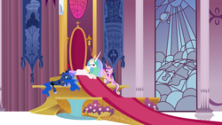 Size: 12000x6750 | Tagged: safe, artist:byteslice, princess cadance, princess celestia, princess luna, alicorn, pony, g4, twilight's kingdom, absurd resolution, canterlot throne room, eye contact, female, frown, lidded eyes, looking at each other, mare, missing cutie mark, prone, sad, sitting, svg, throne, throne room, tired, trio, vector, weak