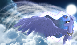 Size: 3067x1800 | Tagged: safe, artist:london13ridges, princess luna, g4, cloud, cloudy, female, large wings, moon, night, raised hoof, signature, solo, space, wings