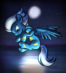 Size: 1280x1408 | Tagged: safe, artist:replacer808, night glider, pegasus, pony, g4, female, moon, night, reflection, solo, water, wonderbolts uniform