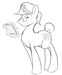 Size: 1182x1427 | Tagged: safe, artist:sidekick, pony, clipboard, dropbox, glasses, magic, male, monochrome, solo, stallion, telekinesis