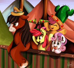 Size: 1024x932 | Tagged: safe, artist:shivall, apple bloom, scootaloo, sweetie belle, trouble shoes, earth pony, pegasus, pony, unicorn, appleoosa's most wanted, g4, cactus hat, cutie mark crusaders, giant hat, hat, unshorn fetlocks