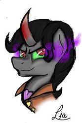 Size: 200x302 | Tagged: artist needed, safe, king sombra, pony, unicorn, g4, bust, clothes, curved horn, horn, magic, magic aura, male, portrait, simple background, smiling, solo