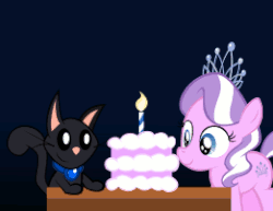 Size: 261x201 | Tagged: safe, artist:magerblutooth, diamond tiara, oc, oc:dazzle, g4, animated, cake, happy birthday