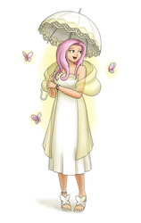 Size: 1011x1600 | Tagged: safe, artist:king-kakapo, fluttershy, butterfly, human, g4, ace attorney, anklet, clothes, cosplay, dahlia hawthorne, dress, female, humanized, open mouth, sandals, shawl, smiling, solo, umbrella