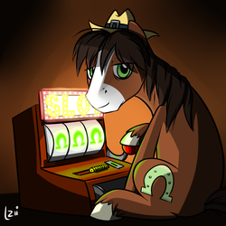 Size: 1024x1024 | Tagged: safe, artist:elzielai, trouble shoes, earth pony, pony, appleoosa's most wanted, g4, hat, jackpot, just my luck, male, slot machine, solo, stallion, unshorn fetlocks
