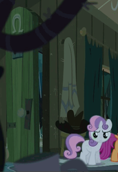 Size: 408x598 | Tagged: safe, screencap, scootaloo, sweetie belle, pegasus, pony, unicorn, appleoosa's most wanted, g4, angry, cropped, fourth wall, freeze frame bonus, looking at you, sweetie belle is not amused