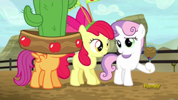 Size: 1280x720 | Tagged: safe, screencap, apple bloom, scootaloo, sweetie belle, appleoosa's most wanted, apple, cactus hat, candy apple (food), caramel apple (food), caramel flavouring, cutie mark crusaders, derp, food, giant hat, hat