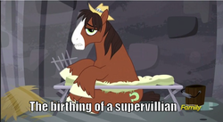 Size: 854x468 | Tagged: safe, edit, edited screencap, screencap, trouble shoes, earth pony, pony, appleoosa's most wanted, g4, caption, cot, discovery family logo, hat, image macro, jail, male, solo, stallion, supervillain
