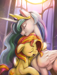 Size: 2317x3032 | Tagged: safe, artist:mrs1989, princess celestia, sunset shimmer, alicorn, pony, unicorn, g4, begging, crying, duo, eyes closed, floppy ears, forgiveness, grin, heartwarming in hindsight, high res, hug, momlestia, open mouth, reunion, smiling, the prodigal sunset