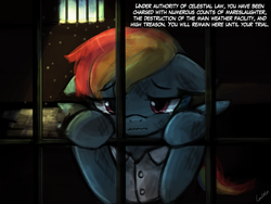 Size: 960x720 | Tagged: safe, artist:lumineko, rainbow dash, pony, g4, tanks for the memories, bad end, clothes, crepuscular rays, crying, dirty, female, floppy ears, implied death, jail, mare, prison, prison outfit, prison stripes, prisoner rd, realistic end, reality ensues, sad, solo, wavy mouth, weather factory uniform