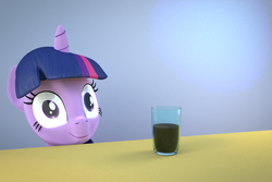Size: 1080x720 | Tagged: safe, artist:3d thread, artist:creatorofpony, twilight sparkle, alicorn, pony, g4, 3d, 3d model, blender, chocolate milk, cup, everything is ruined, female, looking at you, mare, meme, pure unfiltered evil, solo, twilight sparkle (alicorn), wide eyes