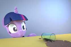 Size: 1080x720 | Tagged: safe, artist:3d thread, artist:creatorofpony, twilight sparkle, pony, g4, 3d, 3d model, blender, chocolate milk, cup, everything is ruined, eyes on the prize, female, mare, meme, pure unfiltered evil, smiling, spill, spilled milk, wide eyes