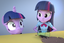 Size: 1080x720 | Tagged: safe, artist:3d thread, artist:creatorofpony, twilight sparkle, human, equestria girls, g4, 3d, 3d model, blender, caught, chocolate milk, cup, frown, human ponidox, meme, pure unfiltered evil, self ponidox, spill, spilled milk, twilight sparkle (alicorn), unamused, wide eyes