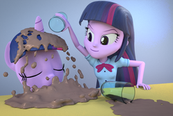 Size: 1080x720 | Tagged: safe, artist:3d thread, artist:creatorofpony, twilight sparkle, human, equestria girls, g4, 3d, 3d model, blender, chocolate milk, cup, cute, everything is fixed, everything is ruined, eyes closed, human ponidox, justice, meme, pure unfiltered evil, pure unfiltered good, revenge, self ponidox, smirk, spill, spilled milk, twilight sparkle (alicorn)