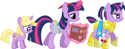 Size: 7691x3000 | Tagged: safe, artist:ruinedomega, twilight sparkle, pony, unicorn, g4, alternate hairstyle, alternate universe, armor, bag, book, disguise, equestria divided (ruinedomega), fake cutie mark, female, filly, magic, mare, ponyscape, scroll, simple background, transparent background, unicorn twilight, vector