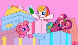 Size: 740x435 | Tagged: safe, screencap, cheerilee (g3), pinkie pie (g3), toola-roola, g3, g3.5, waiting for the winter wishes festival, book, box, boxes, card, present