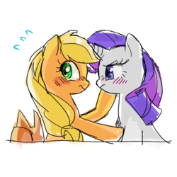 Size: 500x500 | Tagged: safe, artist:pan, applejack, rarity, g4, blushing, female, lesbian, ship:rarijack, shipping