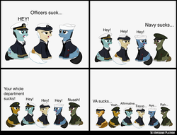 Size: 1760x1343 | Tagged: safe, artist:ethanchang, oc, oc only, oc:bellbottom, oc:ltjg hull down, oc:portlock, oc:rapiddeploy, oc:seaman sawyer, oc:sp5 bombproof, 1st awesome platoon, army, coast guard, department of the navy, marines, military, military uniform, navy, nuaah, us army, us marines, us navy, veteran affairs, voice actor