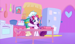 Size: 740x435 | Tagged: safe, screencap, sweetie belle (g3), g3, g3.5, waiting for the winter wishes festival, chef's hat, female, flour, hat, solo, spilling