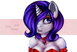 Size: 1600x1094 | Tagged: safe, artist:yukomaussi, rarity, anthro, g4, cleavage, collar, female, hair over one eye, lipstick, makeup, mole, solo