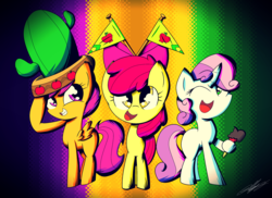 Size: 2202x1606 | Tagged: safe, artist:therandomjoyrider, apple bloom, scootaloo, sweetie belle, appleoosa's most wanted, g4, cactus hat, cutie mark crusaders, flag, giant hat, hat, trio