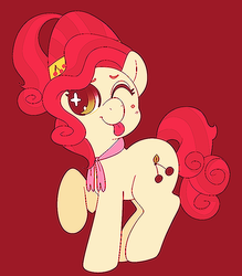 Size: 746x853 | Tagged: safe, artist:ponycide, cherry jubilee, g4, :p, cute, female, jubibetes, raspberry, red background, silly, simple background, solo, sparkly eyes, tongue out, wingding eyes, wink