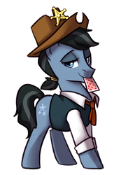 Size: 1119x1532 | Tagged: safe, artist:maccoffee, star spur, earth pony, pony, appleoosa's most wanted, g4, appleloosa resident, card, clothes, cowboy hat, hat, lidded eyes, male, mouth hold, playing card, simple background, solo, stallion, white background