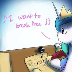 Size: 1200x1200 | Tagged: safe, artist:anticular, princess celestia, princess luna, alicorn, pony, ask sunshine and moonbeams, g4, bucktooth, derp, desk, doodle, drawing, female, inkwell, mare, music notes, paper, queen (band), quill, solo, whistling