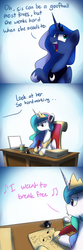 Size: 1200x3600 | Tagged: safe, artist:anticular, princess celestia, princess luna, alicorn, pony, ask sunshine and moonbeams, g4, comic, desk, doodle, drawing, duo, duo female, female, headphones, inkwell, mare, paper, queen (band), quill, singing