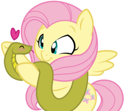 Size: 1970x1764 | Tagged: safe, artist:carnifex, artist:genericdave, fluttershy, pegasus, pony, snake, g4, spoiler:comic71, blushing, cute, duo, eyes closed, heart, simple background, smiling, transparent background, vector