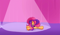 Size: 740x435 | Tagged: safe, screencap, scootaloo (g3), earth pony, pony, g3, g3.5, waiting for the winter wishes festival, curtains, female, hair over eyes, solo, spotlight, stage