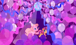 Size: 740x435 | Tagged: safe, screencap, pinkie pie (g3), scootaloo (g3), earth pony, pony, g3, g3.5, waiting for the winter wishes festival, animated, balloon, disco ball, female, gif, hat, party, party hat