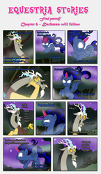 Size: 1919x3317 | Tagged: safe, artist:estories, discord, oc, oc:penumbra, alicorn, draconequus, pony, comic:find yourself, g4, comic, crystal, crystal horn, full moon, glowing, glowing eyes, horn, moon