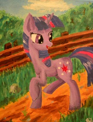 Size: 2872x3752 | Tagged: safe, twilight sparkle, g4, cute, fence, happy, high res, oil painting, picture, road, russian, traditional art, trotting, twily