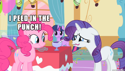 Size: 610x343 | Tagged: safe, edit, edited screencap, screencap, pinkie pie, rarity, earth pony, pony, unicorn, g4, caption, fetish, image macro, implied piss drinking, implied watersports, meme