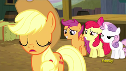 Size: 1280x720 | Tagged: safe, screencap, apple bloom, applejack, scootaloo, sweetie belle, appleoosa's most wanted, g4, animation error, cutie mark crusaders