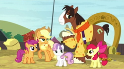 Size: 1280x720 | Tagged: safe, screencap, apple bloom, applejack, scootaloo, sweetie belle, trouble shoes, appleoosa's most wanted, g4, cutie mark crusaders, lidded eyes