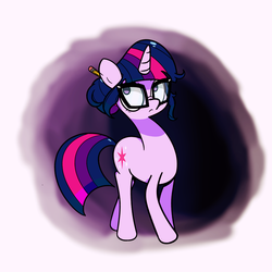 Size: 2000x2000 | Tagged: safe, artist:turtlefarminguy, sci-twi, twilight sparkle, pony, unicorn, g4, alternate hairstyle, equestria girls ponified, female, glasses, hair bun, high res, hilarious in hindsight, pencil, pencil in hair, ponified, ponytail, solo, unicorn sci-twi