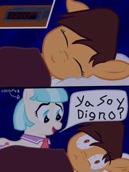 Size: 2304x3072 | Tagged: safe, coco pommel, oc, oc:maría teresa de los ponyos paguetti, g4, bed, bloodshot eyes, canon x oc, high res, shipping, sleeping, spanish