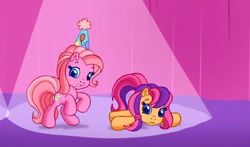 Size: 740x435 | Tagged: safe, screencap, pinkie pie (g3), scootaloo (g3), earth pony, pony, g3, g3.5, waiting for the winter wishes festival, curtains, female, hat, looking at you, party hat, spotlight, stage