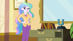 Size: 1366x768 | Tagged: safe, screencap, princess celestia, principal celestia, equestria girls, g4, :o, celestia's office, female, hand on hip, open mouth, raised eyebrow, solo