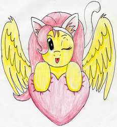 Size: 2040x2213 | Tagged: safe, artist:40kponyguy, derpibooru exclusive, fluttershy, cat, g4, cat ears, cat tail, cute, female, fluttercat, heart, high res, shyabetes, solo, tongue out, traditional art